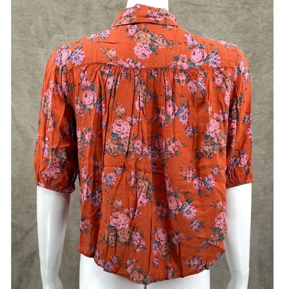 Free People Top Womens Small Orange Celia Floral Front Tie Bloomcore Boho Summer
